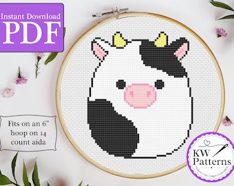 Cow Plushie Cross Stitch Pattern | Connor the cow | Squishmallow lover | baby room decor | 6-inch hoop 14-count aida