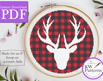 Red Plaid Reindeer Cross Stitch Pattern | buffalo plaid | Christmas cross stitch | Christmas deer counted cross stitch pattern | 8 inch hoop