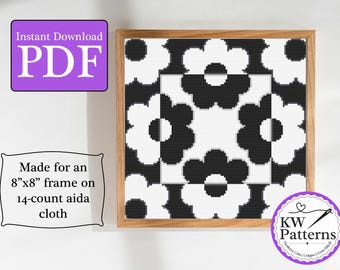 Black and White Flowers Optical Illusion Cross Stitch Pattern | Home art decor