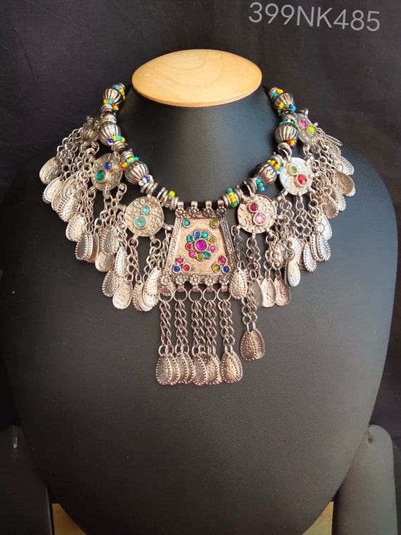 Afghani jewelry,Boho Rajastani earrings Belly dance ethnic jewelry Blue Afghani Kuchi coin choker and earrings in oxidized silver tribal
