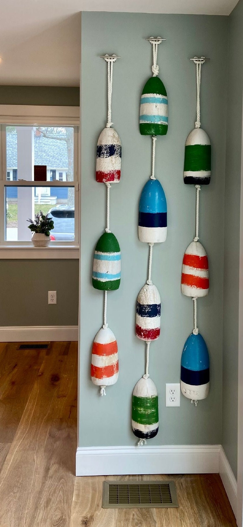 Buoy wall  10 half Distressed real painted maine lobster buoys  styrofoam