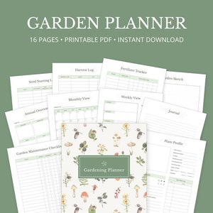 Könnte beinhalten: Ein druckbarer Gartenplaner mit 16 Seiten. Das Cover zeigt einen weißen Hintergrund mit grünem Rand und einem Muster aus Pilzen, Beeren und Blättern. Der Text "Gardening Planner" ist in einem grünen Kasten auf dem Cover gedruckt.