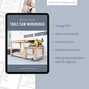 Table Saw Workbench Build Plan | Digital Woodworking Build Plan, PDF Download, DIY Mobile Workbench for Woodworking and Compact Table Saw