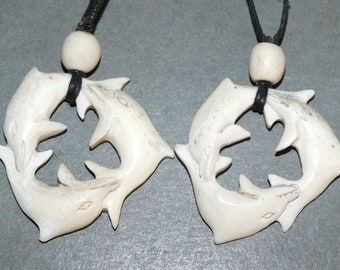 Two Hand Carved folk Bone Pendants with Dolphins Carving from Indonesia FREE SHIPPING