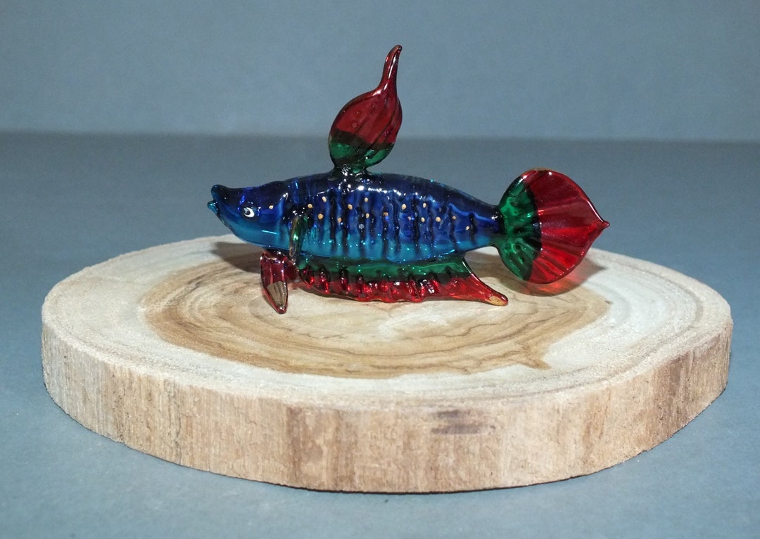 Handmade Glass Fish Statue Figure With Wooden Stand Thailand FREE