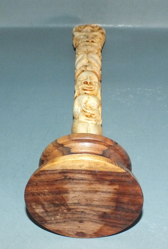 Vintage Tribal Carved Bone Totem Pole Sculpture, Primitive Vintage Tribal Carved Bone Totem Pole Sculpture, Primitive