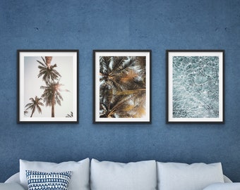 Conjunto de impresión costera, conjunto de 3 arte de la pared, impresiones verticales del océano, foto de Palm Beach, fotografía del océano, cartel de la playa del océano, conjunto de arte de la pared costera