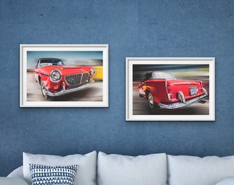 Galería conjunto de pared, conjunto de 2 impresiones, arte de la pared del coche vintage, decoración de la pared del coche, cartel del coche rojo, decoración de la guardería, conjunto de la sala de comedor, imágenes del coche viejo