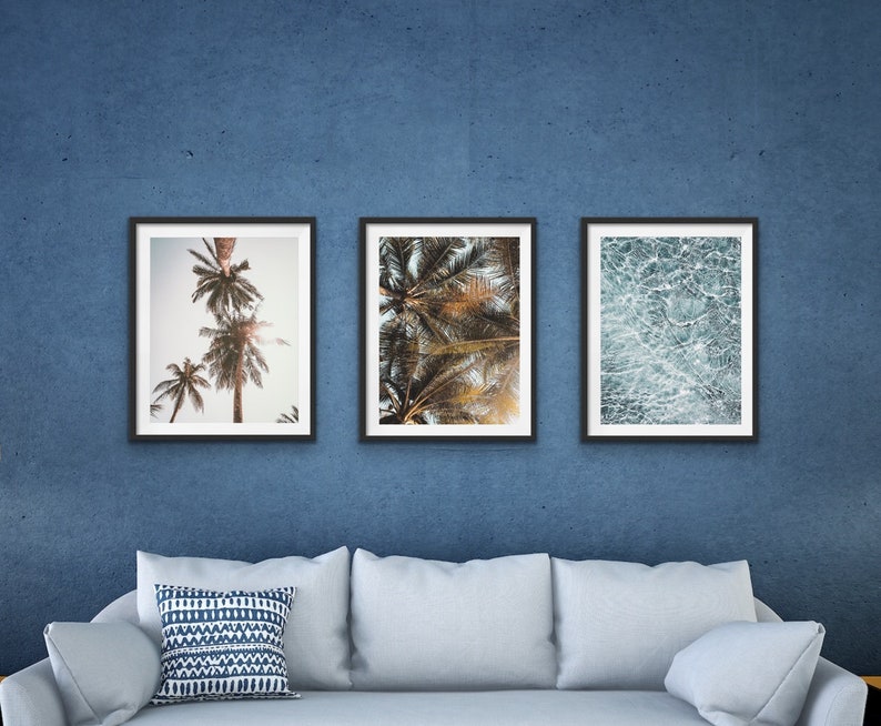 Coastal Print Set, Set of 3 Wall Art, Vertical Ocean Prints, Palm Beach