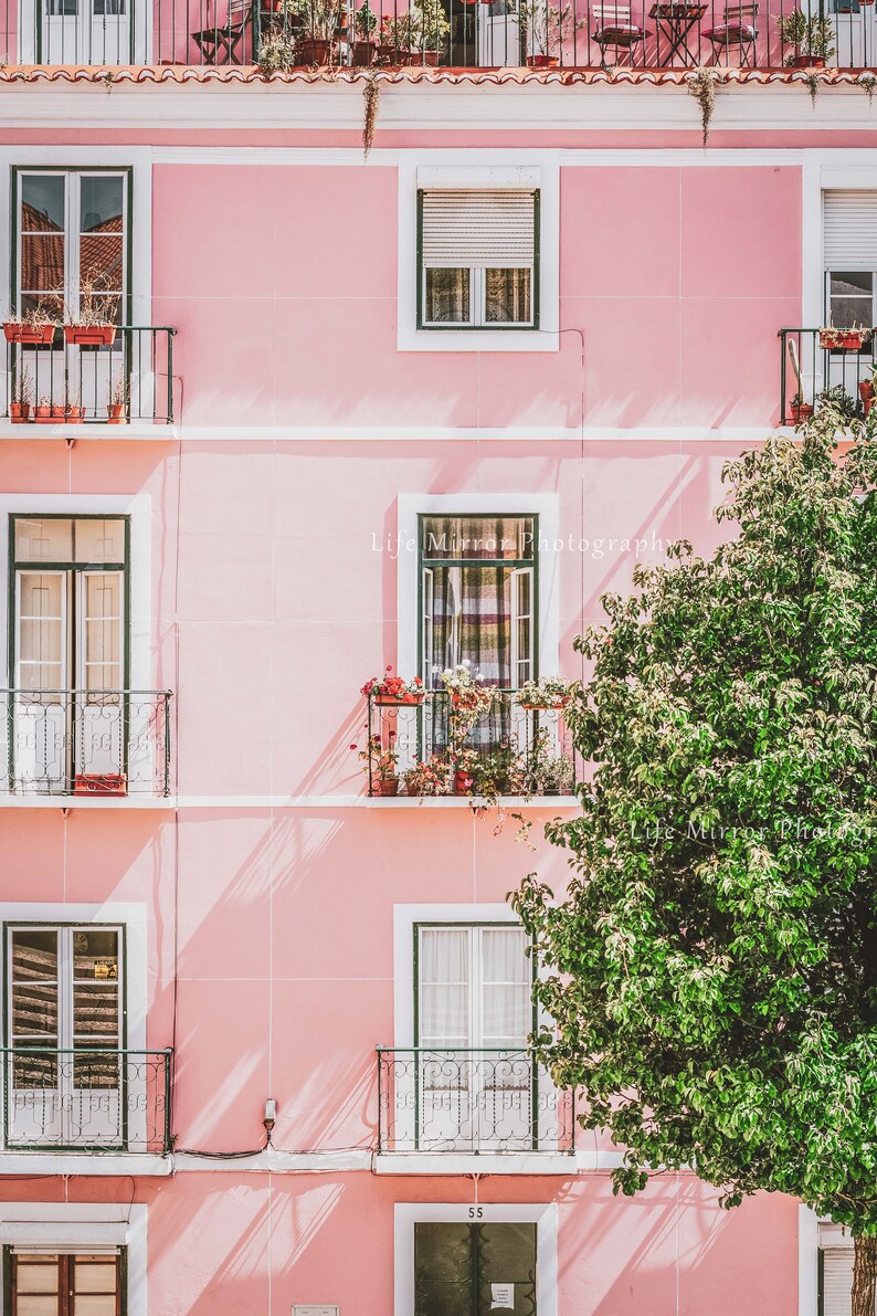Op de afbeelding: Een roze gebouw met witte afwerking en groene ramen. Het gebouw heeft balkons met smeedijzeren leuningen. Er staat een boom voor het gebouw.