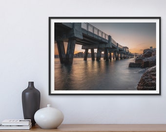 Arte de la pared de Miami Beach, impresión del océano, decoración de la habitación náutica, paisaje de la playa del muelle, foto del atardecer de la playa, fotografía del paisaje, arte moderno de la pared