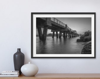 Arte de pared en blanco y negro, decoración de la pared de la playa, impresión de Miami Beach, fotografía del muelle del océano, fotografía del paisaje, arte de la impresión del océano, arte de la playa