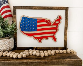 American Flag 4th of July Decor, 4th of July Sign, United States American Flag, Farmhouse Wood Sign, Laser Cut Flag, Handmade Signs