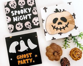Halloween Mini Tiered Tray Signs, Fall Wood Signs, Party Gift Ideas, Tiered Tray Ideas, Tiered Tray Mini Signs, Halloween Wood Signs