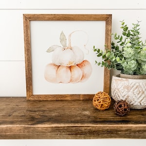 May include: A framed watercolour painting of a stack of three pumpkins. The pumpkins are painted in shades of white, orange, and brown. The painting is in a brown wooden frame and is sitting on a wooden shelf with two small woven balls.