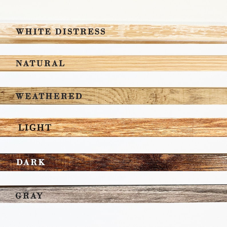 May include: Six wood samples showing different wood finishes: white distress, natural, weathered, light, dark, and gray.