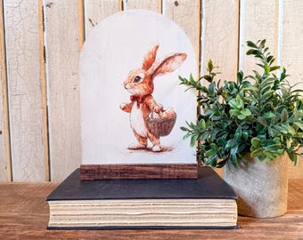 Bunny With Egg Basket Arched Wood Sign Shelf Sitter, Spring Wall Art, Easter Bunny Art Print, Unique Wood Sign, Arched Sign, Spring Sign