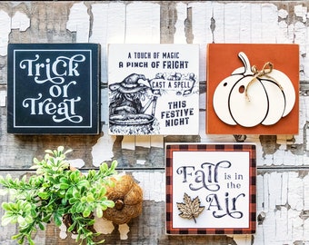 Fall Mini Signs, Tiered Tray Sign, Fall Wood Signs, Party Gift Ideas, Tiered Tray Ideas, Tiered Tray Mini Signs, Fall Tiered Tray, Fall Sign