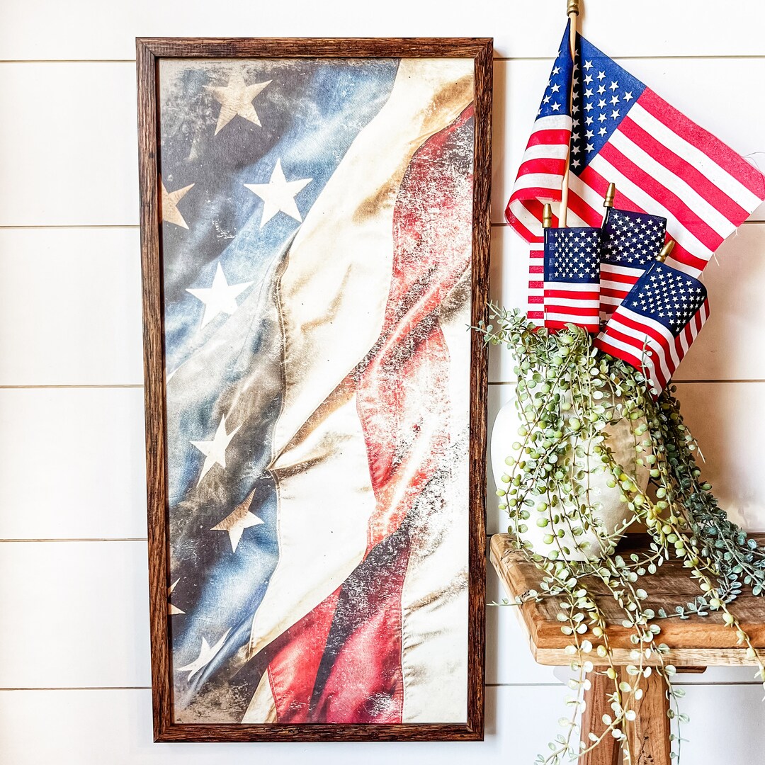 Vintage American Flag Wood Sign, 4th of July Wall Art, American Flag ...