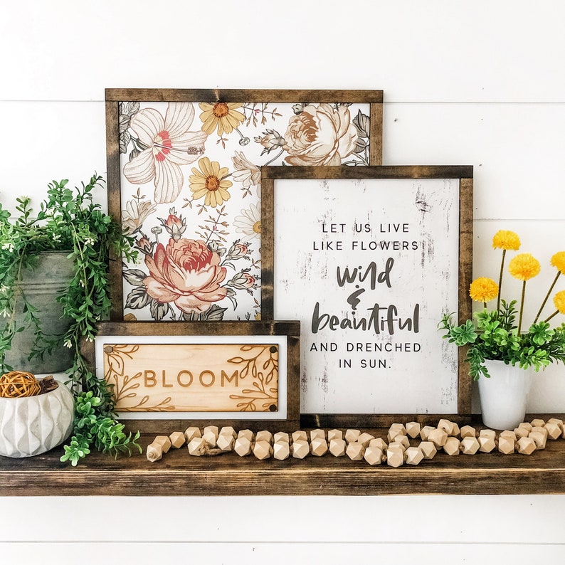 Spring Sign Trio, Spring Wood Sign, Spring Decor, Spring Home Decor, Spring Floral Sign, Vintage Flowers, Shelf Signs, Signs for Spring image 1