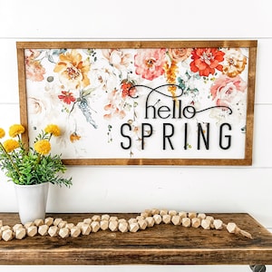 Hello Spring Wood Sign, Farmhouse Decor, Laser Cut Wood Sign, Spring Home Decor, Handmade Wood Sign, Hello Spring Sign, Floral Sign