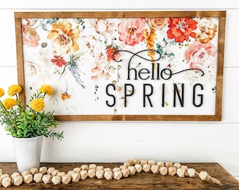 Hello Spring Wood Sign, Farmhouse Decor, Laser Cut Wood Sign, Spring Home Decor, Handmade Wood Sign, Hello Spring Sign, Floral Sign