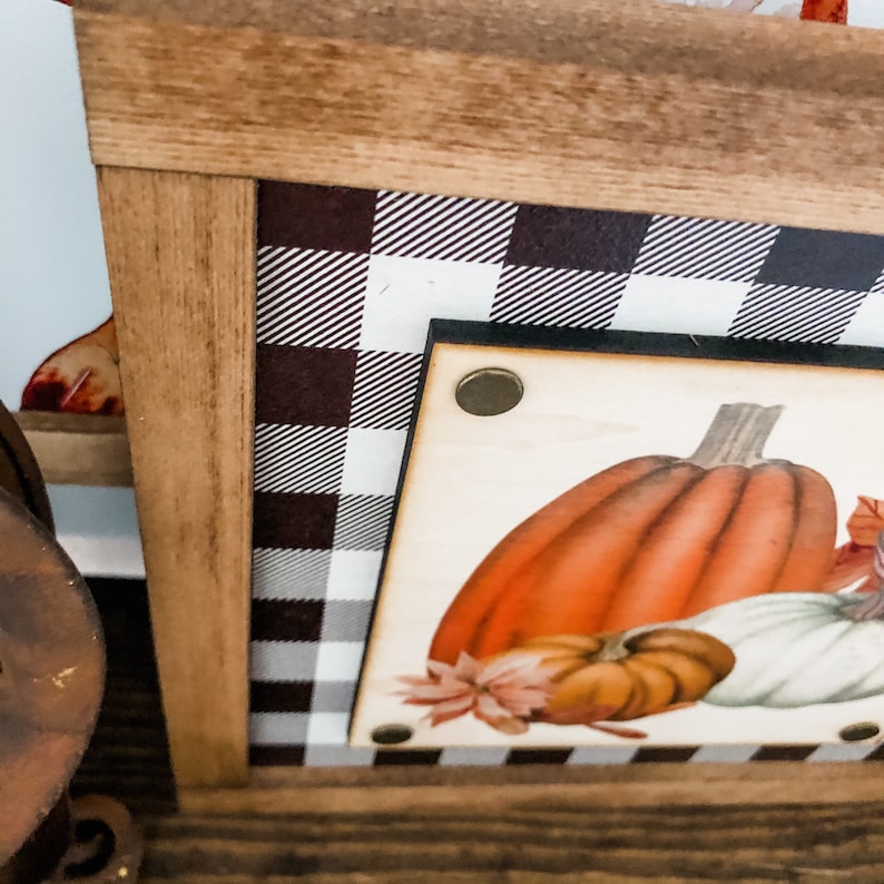 Peut inclure: Panneau en bois encadr&eacute; sur le th&egrave;me de l'automne. Le panneau pr&eacute;sente une illustration de citrouille avec des citrouilles orange, blanches et marron. Le cadre a un motif &agrave; carreaux noir et blanc et une bordure en bois naturel.