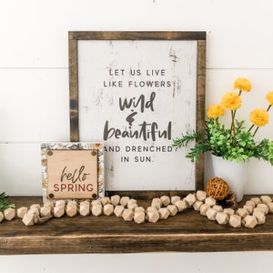 Pu&ograve; includere: Uno scaffale in legno con due cartelli, uno che dice "Let us live like flowers wild & beautiful and drenched in sun." e l'altro che dice "hello spring". C'&egrave; una piccola pianta in vaso con fiori gialli e una ghirlanda di perline di legno sullo scaffale.