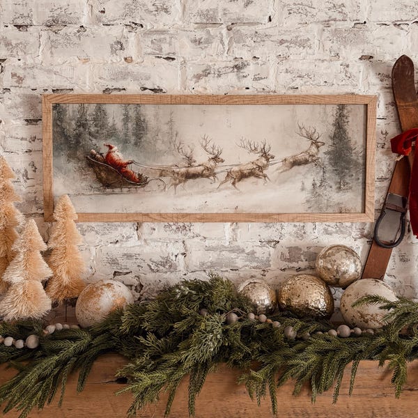Vintage Santa Sleigh & Reindeer Art Print, Handmade Farmhouse Vintage Christmas Artwork, Wood Sign Christmas Home Decor