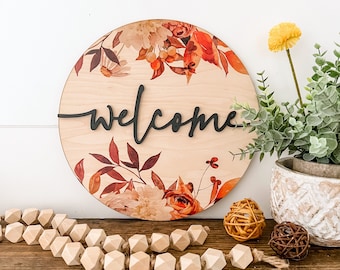 Panneau rond en bois Bienvenue automne, Panneaux automne pour porte d'entrée, Panneau rond floral automne, Panneau rond en bois, Panneau découpé au laser, Panneaux automne en bois uniques