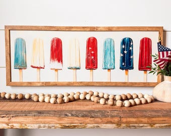 Letrero de madera con diseño de paleta de helado del 4 de julio, decoración de pared del 4 de julio, decoración de pared de verano, decoración de pared patriótica, letrero de madera estilo granja, letrero del 4 de julio