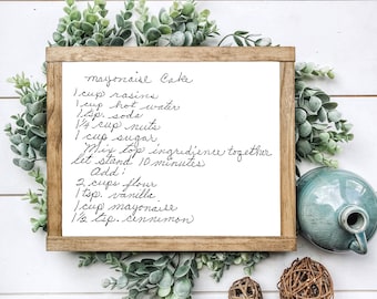 Recipe Card Sign, Custom Recipe Card, Handwritten Recipe, Handwritten Recipe Sign, Recipes, Housewarming, Wedding Gift, Mothers Day Gift,