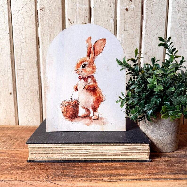 Bunny With Basket Arched Wood Sign Shelf Sitter, Spring Wall Art ...