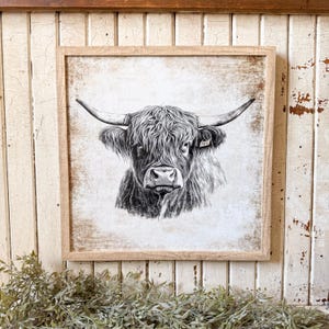 Neutral Vintage Highland Cow Art Print, Highland Cow Farmhouse Sign, Highland Cow Sign, Handmade Wood Sign, Highland Cow, Unique Wood Sign