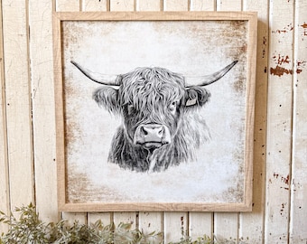 Neutral Vintage Highland Cow Art Print, Highland Cow Farmhouse Sign, Highland Cow Sign, Handmade Wood Sign, Highland Cow, Unique Wood Sign