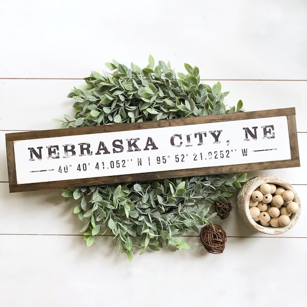 Coordinate Sign, Farmhouse Sign, Farmhouse Decor, Housewarming Gift, City Coordinate Sign, City Name Sign, Realtor Gift Idea, Wedding Gift