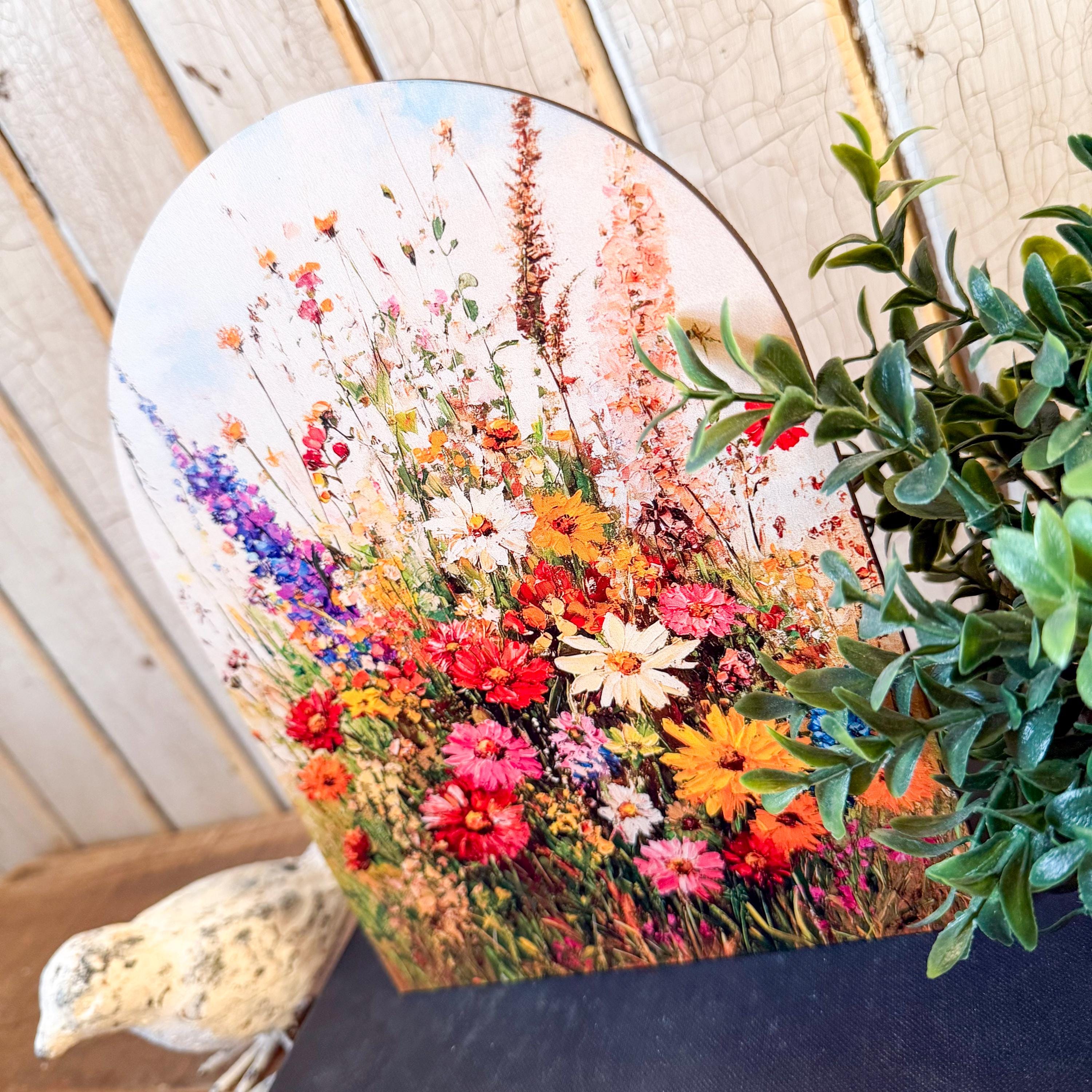 Summer Wildflowers Arched Wood Sign Shelf Sitter, Spring Floral Wall Art, Flowers Art Print, Unique Wood Sign, Arched Sign, Wood Sign