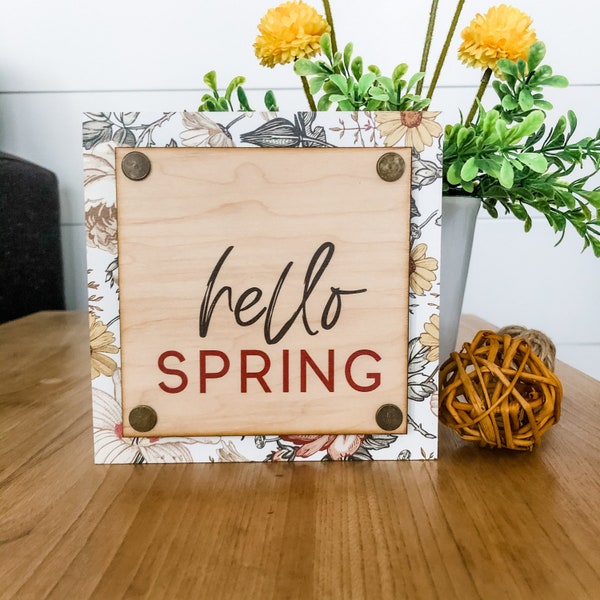 Spring Mini Signs, Tiered Tray Sign, Hello Spring, Spring Home Decor, Floral Wood Sign, Tiered Tray Ideas, Spring Wood Sign, Spring Signs