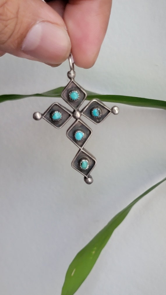 Old zuni cross pendant turquoise n coral sterling… - image 1
