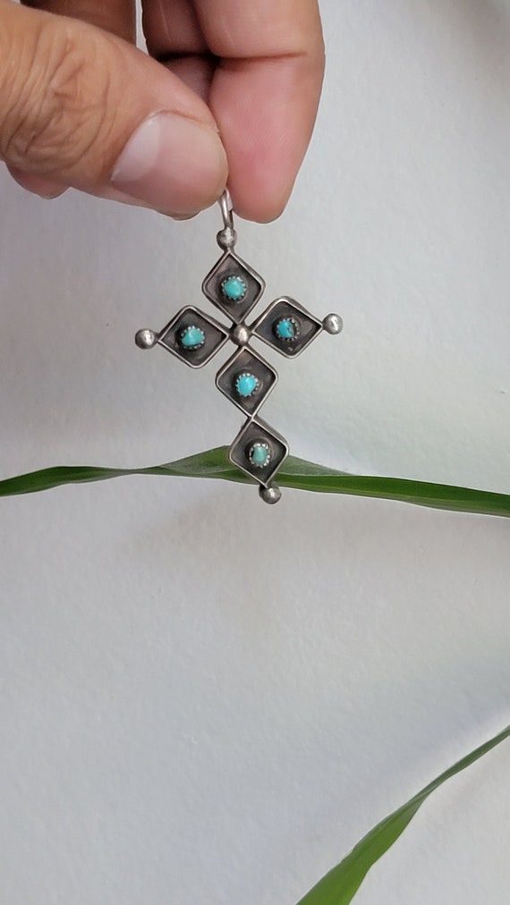 Old zuni cross pendant turquoise n coral sterling… - image 3