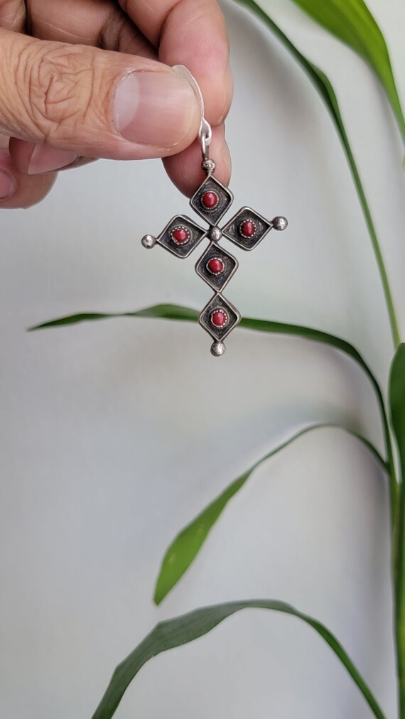 Old zuni cross pendant turquoise n coral sterling… - image 6