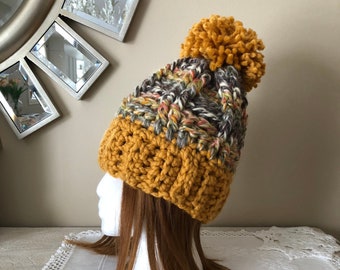 Chunky knit winter pompom hat in yellow and various colours, Yellow pom pom beanie, Chunky colorful winter pom pom beanie