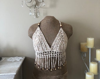 Crochet crop top, Crocheted beige crop top with fringe and wooden beads (100% cotton), Boho-chic crochet top