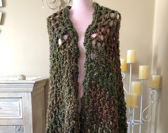 Crochet shawl in shades of green, Camouflage shawl