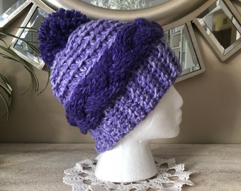 Braided purple pompom hat, Chunky purple pompom beanie, Knit braided pompom hat in purple