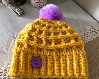 Crochet pompom hat, Yellow and purple pompom beanie, Warm pompom hat with button