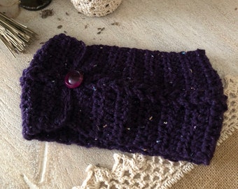 Crochet headband, Crocheted purple earwarmer, Cute winter/fall headband with button