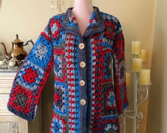 Red blue and grey granny square midi coat, Granny square coat, Handmade granny-square coat, Crochet granny square coat