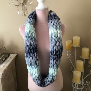 Hand knit blue infinity scarf, Hand knit fluffy infinity scarf in shades of blue