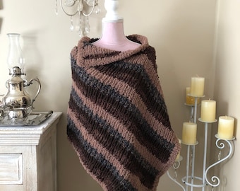 Handmade crochet poncho, Brown beige and blue poncho, Rustic cowl poncho